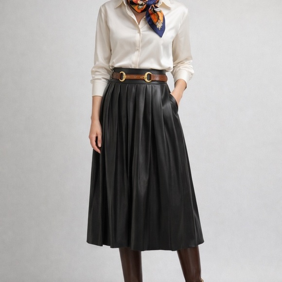Misook Dresses & Skirts - NWT Misook Vegan Leather Pleated Midi Skirt Black XS 28” Waist Faux Leather